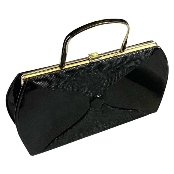 Vintage Black Patent Leather Mod Handbag Purse Retro Rockabilly Evening Bag - Picture 1 of 7
